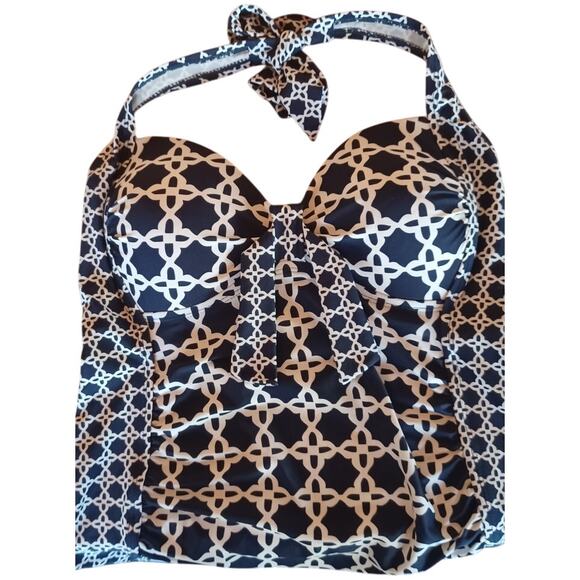 Merona Tankini Halter Swim Top Blue White Women's Medium Geometric Design - Picture 2 of 6